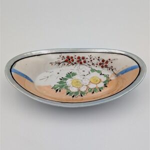 VTG Japanese Lusterware Dish Peach Blue Striped Floral Japan Hapan Misprint 1930